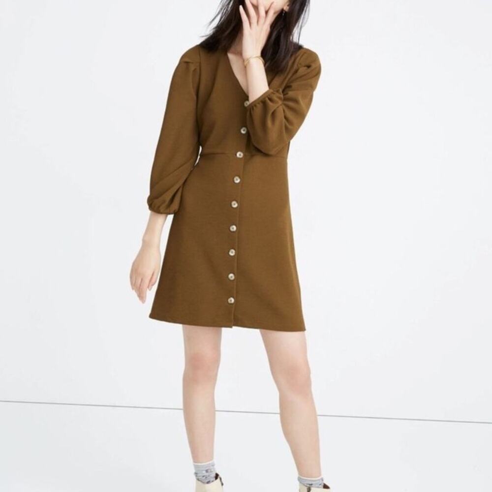 Texture & Thread Madewell | Crepe Balloon Sleeve Dress Button Front Green‎ XS